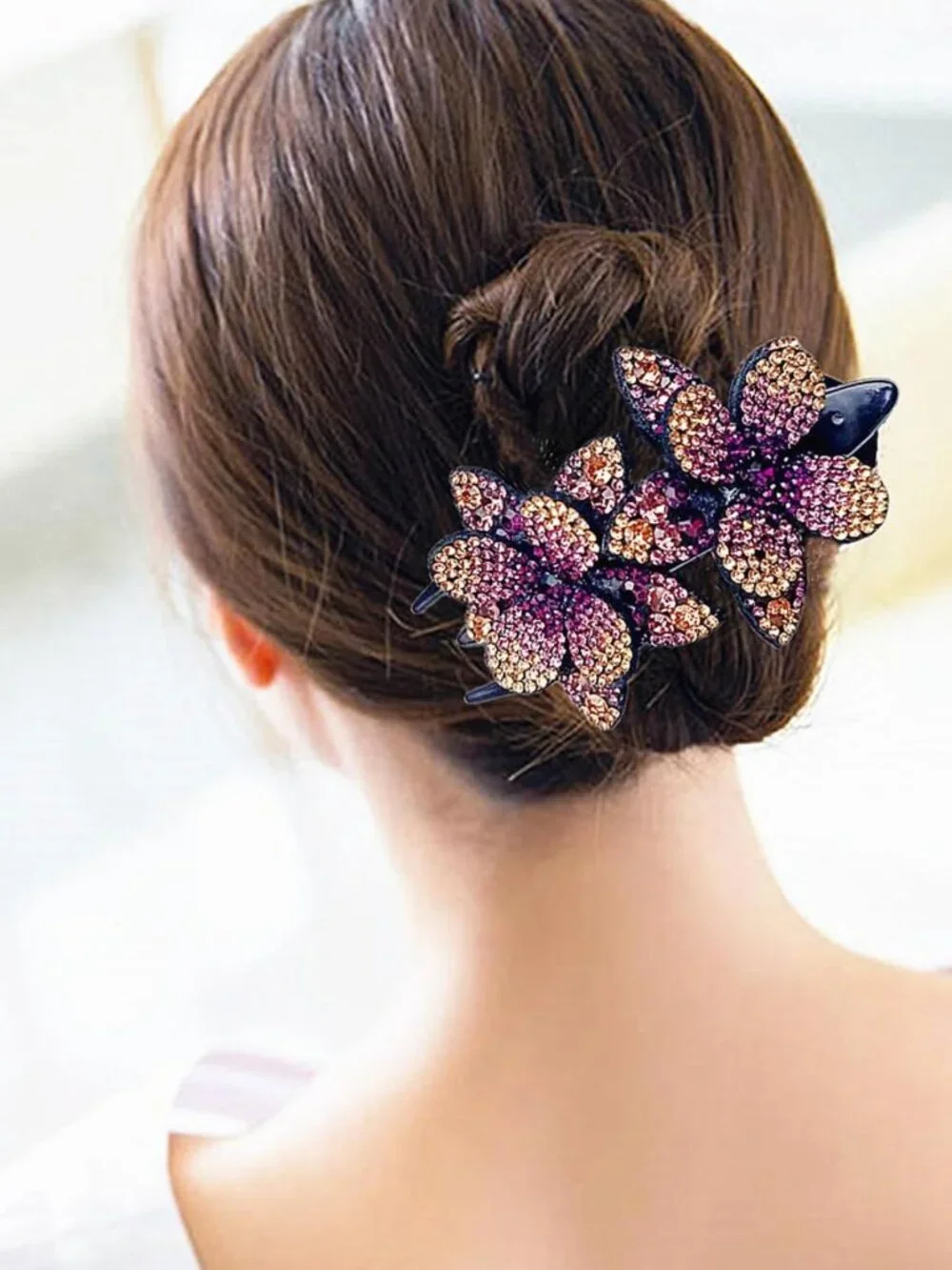 6 Pcs Floral Rhinestone Hair Clips - Elegant Double Flower Crystal Accessories